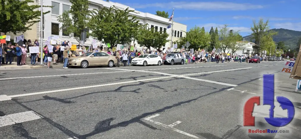 A full city block of protestors in front of the Josephine County Courthouse in Grants Pass, Oregon, for No Kings Day April 19,2025 protest of Trump.