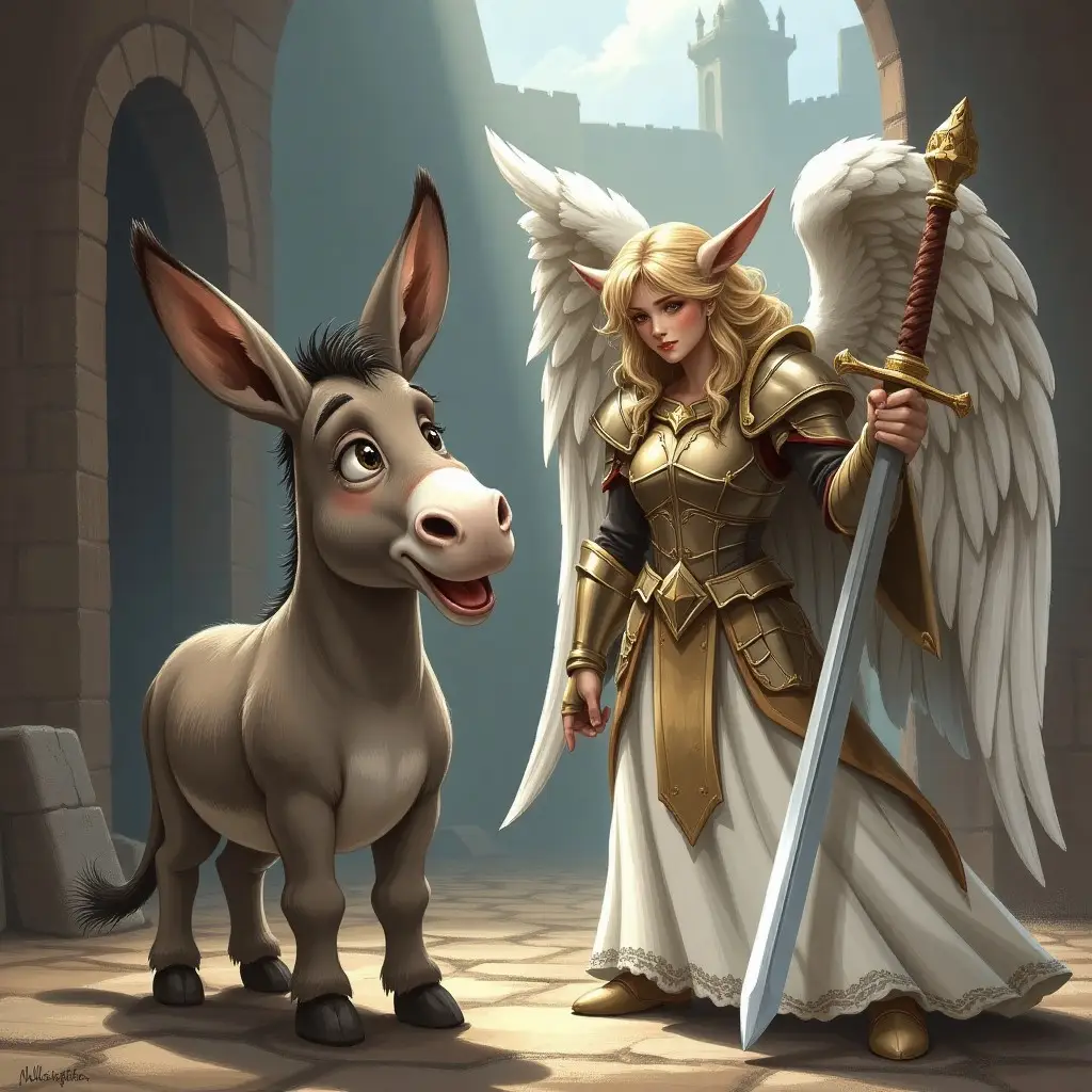 A cartoonish looking donkey stands beside a female angel in armor bearing a longsword