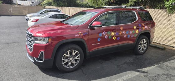A red 2020 GMC Acadia SLT with large and small vinyl puppy prints in blue, pink, yellow, green, and purple, running down the driver's side