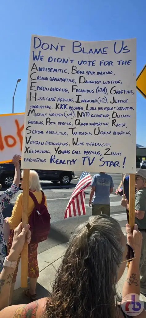 Lori's protest sign that reads, "Don't blame me, I didn't vote for the Antisemitic, Bone spur having, Casino bankrupting, Daughter lusting, Epstein buddying, Felonious (x34), Grifting, Hurricane drawing, Impeached (x2), Justice corrupting, KKK beloved, Liable for fraud and defamation, Multiply indicted (x4), NATO extorting, Oligarch favoring, Putin serving, Racist, Sexual assaulting, Traitorous, Ukraine betraying, Veteran dishonoring, White supremacist, Xenophobic, Young girl peeping, Zealot empowering reality TV star."